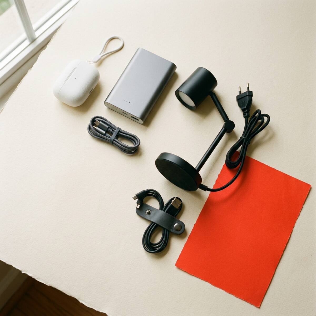 An arrangement of everyday gadgets, illustrative